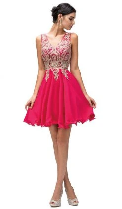 Dancing Queen - 9384 Sleeveless Gold Lace Bodice V-Neck Cocktail Dress