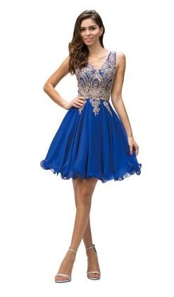 Dancing Queen - 9384 Sleeveless Gold Lace Bodice V-Neck Cocktail Dress