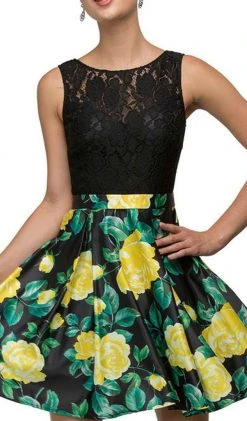 Dancing Queen - 9517 Floral Print Illusion A-Line Cocktail Dress