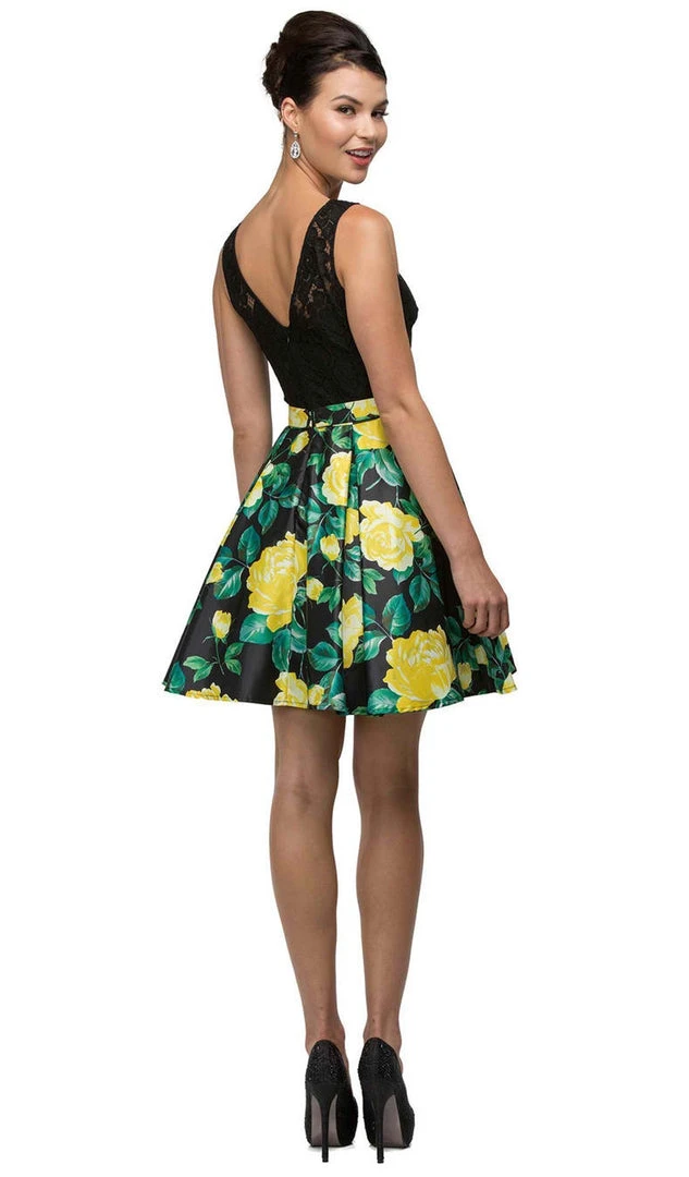 Dancing Queen - 9517 Floral Print Illusion A-Line Cocktail Dress 5 Dancing Queen - 9517 Floral Print Illusion A-Line Cocktail Dress