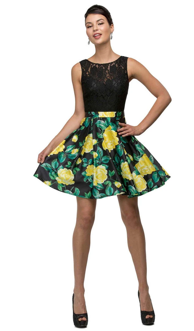 Dancing Queen - 9517 Floral Print Illusion A-Line Cocktail Dress 3 Dancing Queen - 9517 Floral Print Illusion A-Line Cocktail Dress