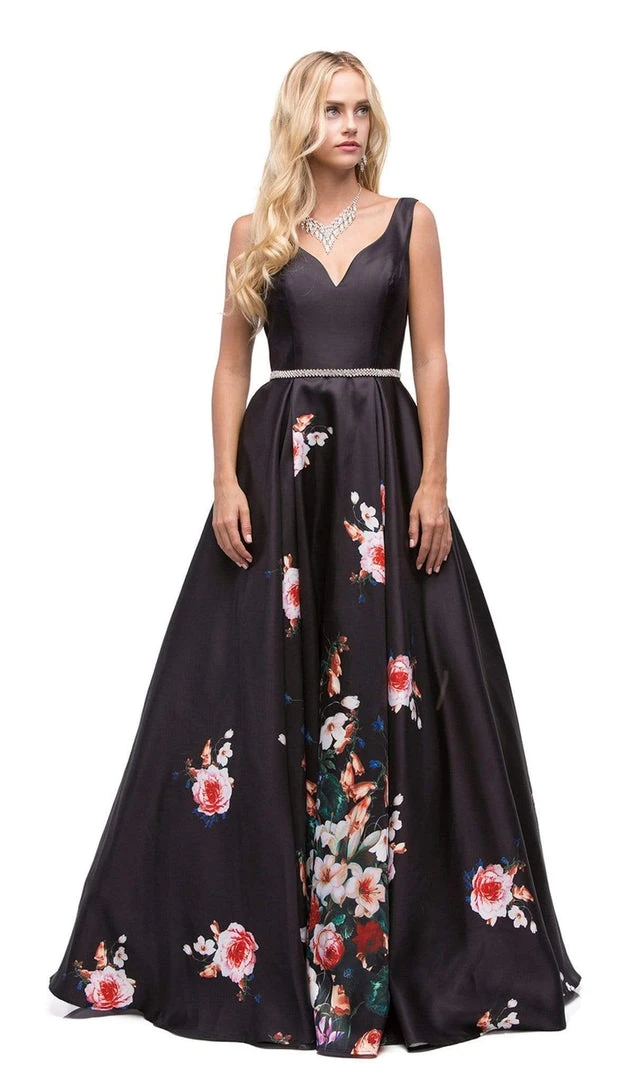 Dancing Queen - 9920 Attractive Long V-Neck Floral Print Prom Dress 3 Dancing Queen - 9920 Attractive Long V-Neck Floral Print Prom Dress