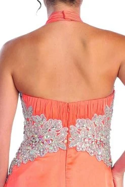 Elizabeth K - GL1046 Embellished Ruched Halter Neck Chiffon Dress