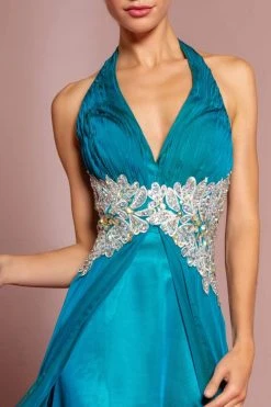 Elizabeth K - GL1046 Embellished Ruched Halter Neck Chiffon Dress