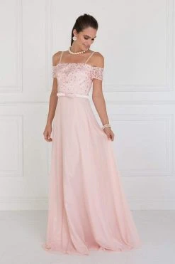Elizabeth K - GL1521 Off Shoulder Lace Bodice Chiffon A-Line Gown