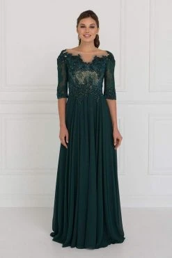 Elizabeth K - GL1528 Quarter Sleeve Jewel Adorned Illusion Lace Gown