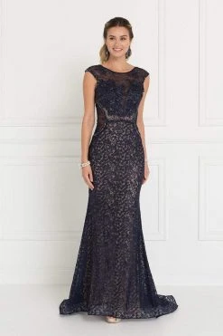 Elizabeth K - GL1531 Embellished Illusion Fitted Evening Dress