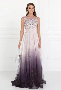 Elizabeth K - GL1599 Cap Sleeve Ombre Floral Appliqued A-Line Gown