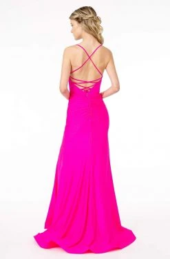 Elizabeth K - GL1816 Ruched-Adorned High Slit Trumpet Dress