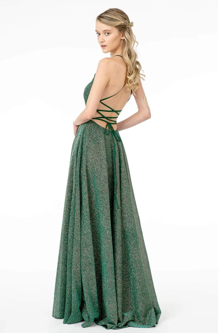 Elizabeth K - GL1828 Plunging Pleat-Ornate Bodice Glitter Lame Gown 4 Elizabeth K - GL1828 Plunging Pleat-Ornate Bodice Glitter Lame Gown