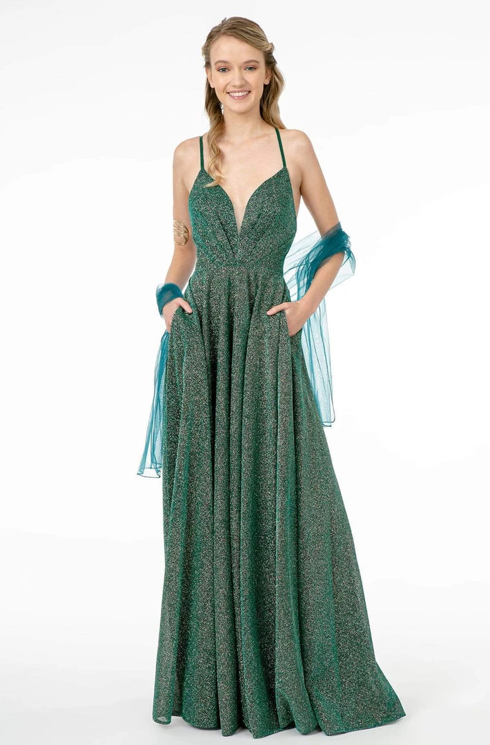 Elizabeth K - GL1828 Plunging Pleat-Ornate Bodice Glitter Lame Gown 3 Elizabeth K - GL1828 Plunging Pleat-Ornate Bodice Glitter Lame Gown