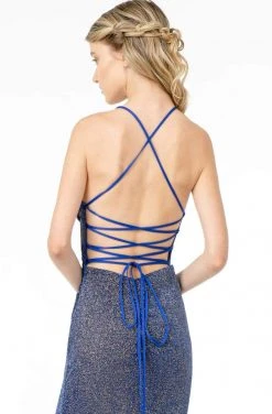 Elizabeth K - GL1831 V-Neck Bodycon Glitter Crepe Long Dress