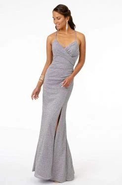 Elizabeth K - GL1831 V-Neck Bodycon Glitter Crepe Long Dress