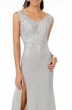 Elizabeth K - GL1839 Appliqued Bodice High Slit Long Dress