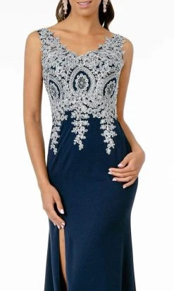 Elizabeth K - GL1839 Appliqued Bodice High Slit Long Dress