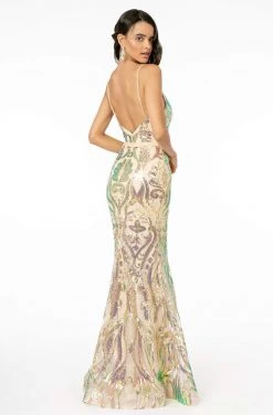 Elizabeth K - GL1845 Plunging V-Neck Iridescent Sequined Gown