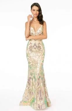 Elizabeth K - GL1845 Plunging V-Neck Iridescent Sequined Gown