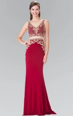 Elizabeth K - GL2334 Beaded V-Neck Jersey Trumpet Dress