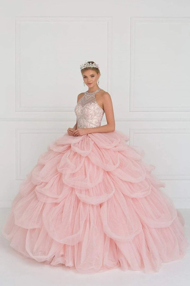 Elizabeth K - GL2430 Illusion High Halter Cascading Petal Tulle Ballgown 5 Elizabeth K - GL2430 Illusion High Halter Cascading Petal Tulle Ballgown