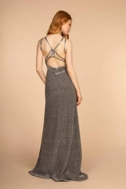 Elizabeth K - GL2503 Embellished Deep V-neck Sheath Dress