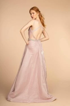 Elizabeth K - GL2504 Pleated Plunging Bodice Glitter Long Gown