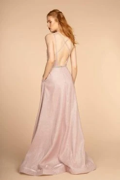 Elizabeth K - GL2506 Deep V-neck Glitter Crepe A-line Dress