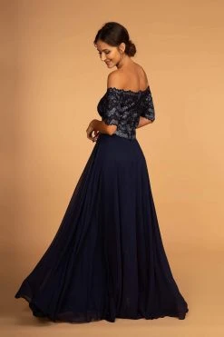 Elizabeth K - GL2525 Embroidered Off-Shoulder Chiffon A-line Dress