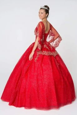 Elizabeth K - GL2800 Sheer Cape Sleeve Appliqued Glitter Ballgown