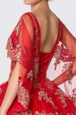 Elizabeth K - GL2800 Sheer Cape Sleeve Appliqued Glitter Ballgown