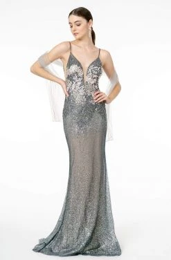 Elizabeth K - GL2929 Metallic Glitter Plunging V-Neck Gown