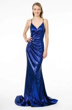 Elizabeth K - GL2943 Plunging V-Neck Ruched Trumpet Dress