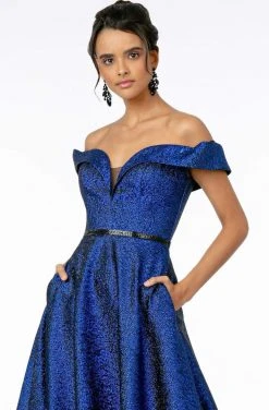 Elizabeth K - GL2982 Folded Off Shoulder Metallic Lame A-Line Gown 29 Elizabeth K - GL2982 Folded Off Shoulder Metallic Lame A-Line Gown