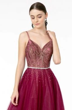 Elizabeth K - GL2991 Embellished Deep V-Neck A-Line Dress