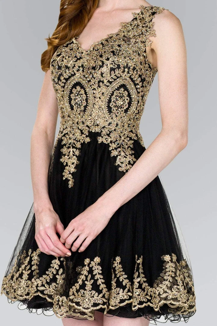 Elizabeth K - GS2403 Gold Lace Applique Tulle Cocktail Dress 4 Elizabeth K - GS2403 Gold Lace Applique Tulle Cocktail Dress