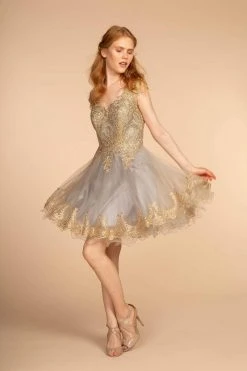 Elizabeth K - GS2403 Gold Lace Applique Tulle Cocktail Dress 27 Elizabeth K - GS2403 Gold Lace Applique Tulle Cocktail Dress