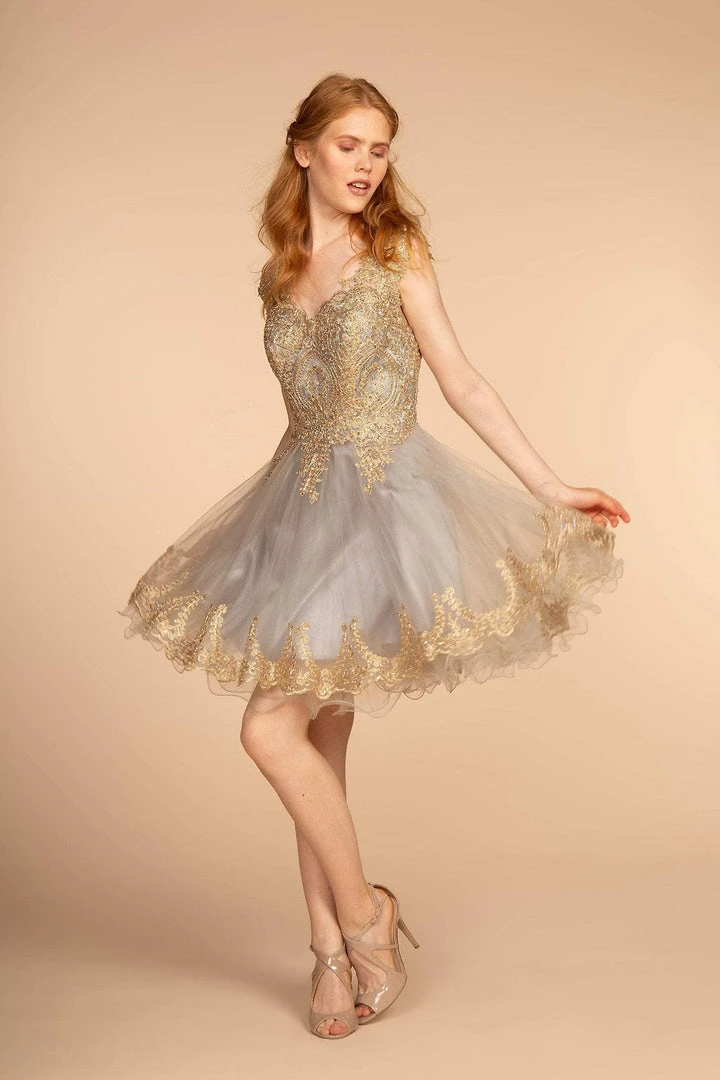 Elizabeth K - GS2403 Gold Lace Applique Tulle Cocktail Dress 14 Elizabeth K - GS2403 Gold Lace Applique Tulle Cocktail Dress