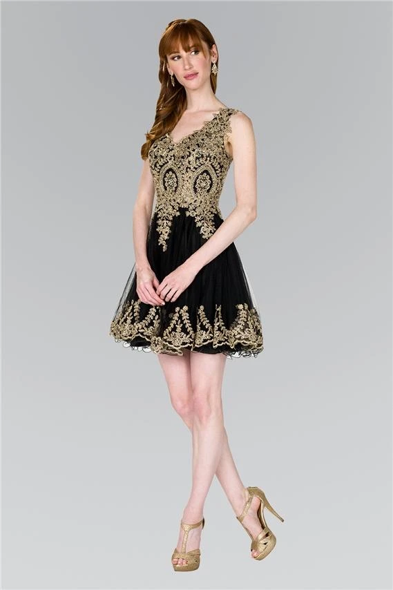Elizabeth K - GS2403 Gold Lace Applique Tulle Cocktail Dress 3 Elizabeth K - GS2403 Gold Lace Applique Tulle Cocktail Dress