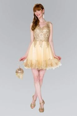 Elizabeth K - GS2403 Gold Lace Applique Tulle Cocktail Dress 22 Elizabeth K - GS2403 Gold Lace Applique Tulle Cocktail Dress