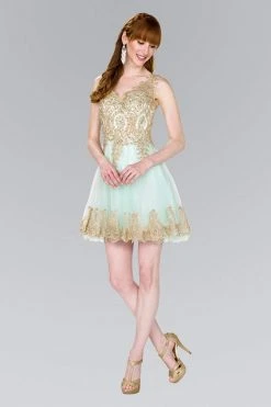 Elizabeth K - GS2403 Gold Lace Applique Tulle Cocktail Dress 23 Elizabeth K - GS2403 Gold Lace Applique Tulle Cocktail Dress