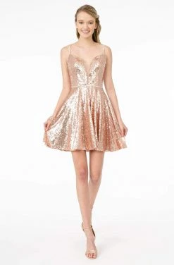 Elizabeth K - GS2847 Sequined Deep V-Neck A-Line Dress