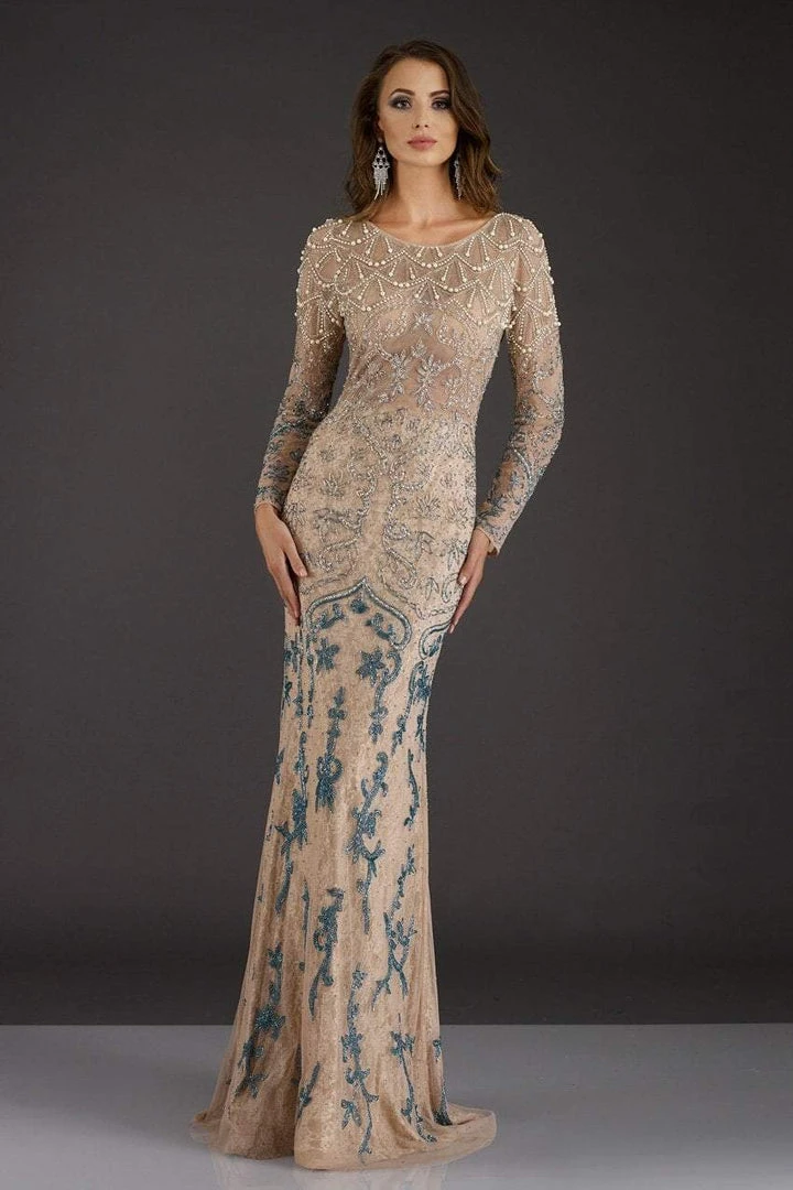 Feriani Couture - 18007 Long Sleeved Beaded Lace Sheath Gown 3 Feriani Couture - 18007 Long Sleeved Beaded Lace Sheath Gown