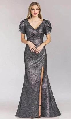 Feriani Couture 18202 - Puffed Short Sleeved Metallic Gown 7 Feriani Couture 18202 - Puffed Short Sleeved Metallic Gown