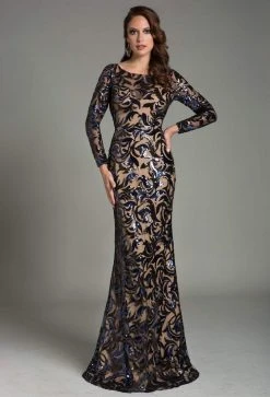 Feriani Couture - 18489 Sheer Long Sleeves Fitted Long Dress