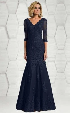 Feriani Couture - 18633 Quarter Sleeve Lace V-neck Mermaid Dress - 1 Pc Champange In Size 16 And 1 Pc Navy In Size 14 Available