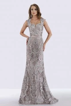 Feriani Couture - 18671 Cap Sleeve Square Neck Lattice Sheath Gown