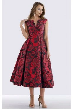 Feriani Couture - 18686 Floral Bateau Ruched Tea Length Dress