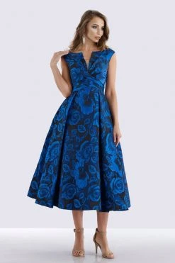 Feriani Couture - 18686 Floral Bateau Ruched Tea Length Dress