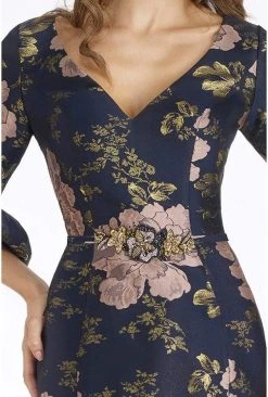 Feriani Couture - 18905SH Floral Detailed V-neck Sheath Dress