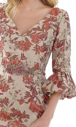 Feriani Couture - 20124 Quarter Sleeve Floral Appliqued Sheath Dress