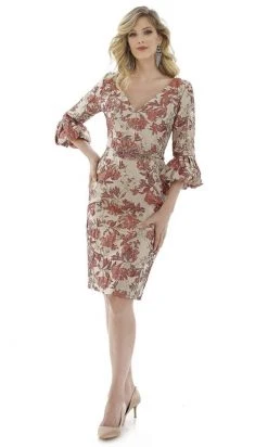 Feriani Couture - 20124 Quarter Sleeve Floral Appliqued Sheath Dress